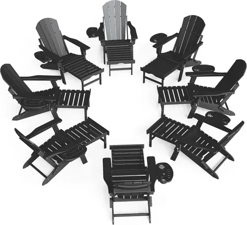 Miniatura 19 de FOOWIN Silla Adirondack plegable ajustable con otomana retráctil, silla Adirondack de polietileno de alta densidad con bandejas 4 en 1, resistente a