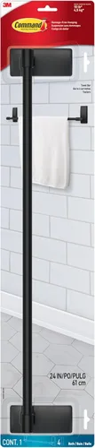 Command Toallero de baño negro mate con tiras Command resistentes al agua, organizador de baño, 24 pulgadas de longitud de barra con capacidad para