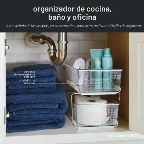 Miniatura 6 de madesmartOrganizador de 2 niveles, cestas de almacenamiento de deslizamiento multiusos con asas, claro