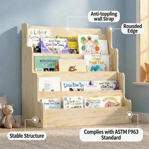 Miniatura 5 de NACHES Estantería Montessori de 4 niveles para niños, estante de madera con diseño festoneado, organizador de juguetes para guardería, dormitorio