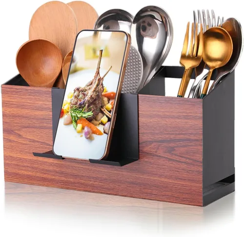 Organizador de Utensilios Grande de Hierro con 3 Compartimentos para Encimera o Pared, Almacenamiento de Utensilios de Cocina (Negro)