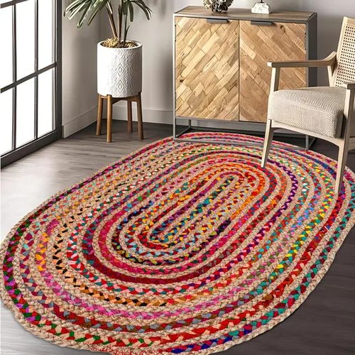 Savi Home Farmhouse - Alfombra Chindi de algodón de yute de 4 x 6 pulgadas, ovalada, multicolor, tejida a mano, alfombra trenzada para sala de