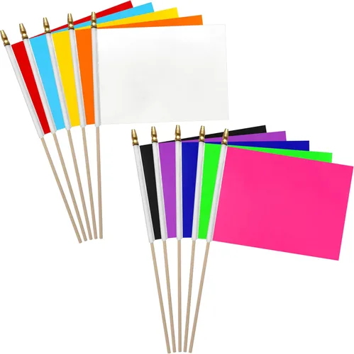Juego de 12 banderas pequeñas de 8 x 12 pulgadas, rojo, blanco, azul, negro, naranja, amarillo, verde, morado, rosa, en palo de madera, pequeñas