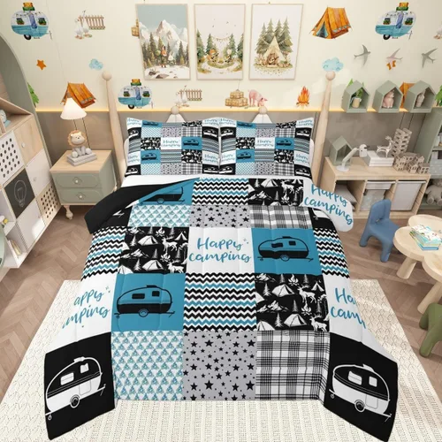 Miniatura 14 de Juego de edredón de camper tamaño matrimonial, edredón acolchado para adolescentes y niños, juego de ropa de cama rústica de granja para niños