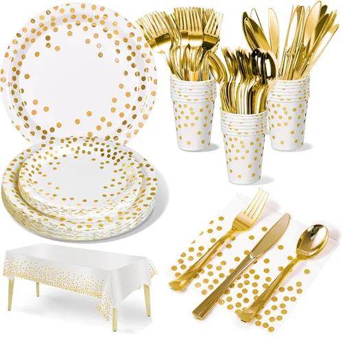 Nkaiso 141 piezas de suministros para fiestas en color blanco y dorado, juegos de decoración desechables para fiestas que incluyen platos de papel,
