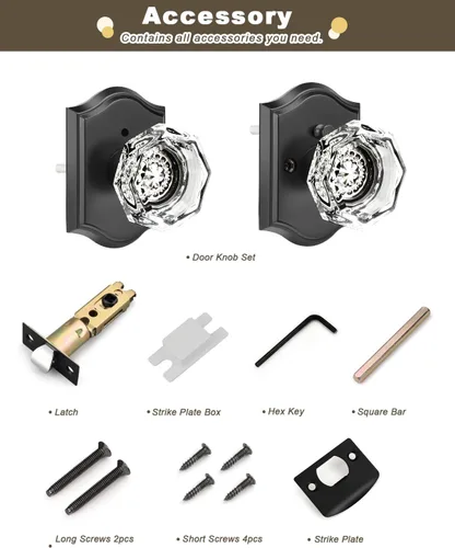 Miniatura 6 de Gobrico Juego de 3 pomos de puerta de cristal transparente, perillas de puerta de privacidad, función de cama/baño, perilla interior de forma Negro