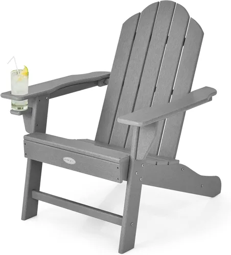 Miniatura 16 de Tangkula Silla Adirondack para exteriores, sillones de polietileno de alta densidad resistentes a la decoloración con soporte para tazas, sillas