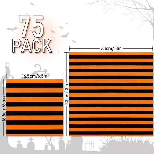Miniatura 2 de Whaline Servilletas de papel de Halloween de 6.5 pulgadas de color naranja y negro a rayas onduladas con lunares, servilletas geométricas