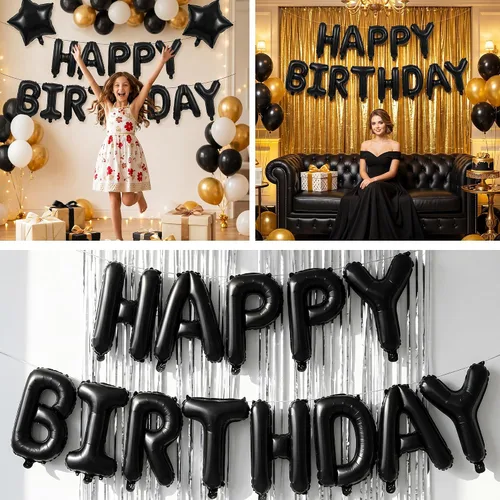 Miniatura 6 de TONIFUL Pancarta de Globos Negros de Feliz Cumpleaños de 16 Pulgadas con Letras de Papel de Aluminio Mylar, Cartel Banderín Reutilizable