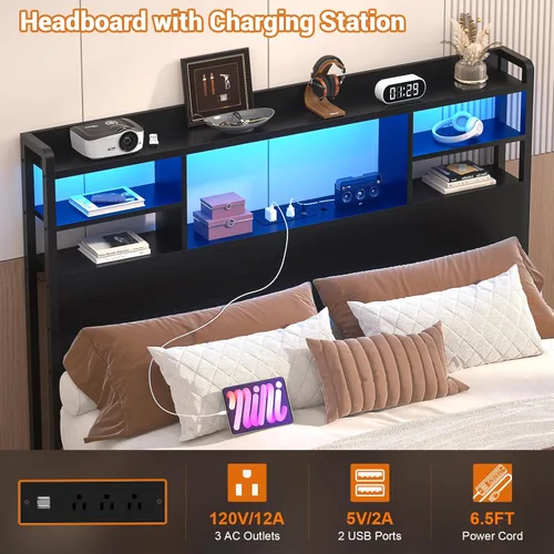 Miniatura 4 de Aheaplus Cabecero para cama de tamaño individual con almacenamiento, cabeceros con luz LED, tomas de corriente, puertos USB, tamaño individual
