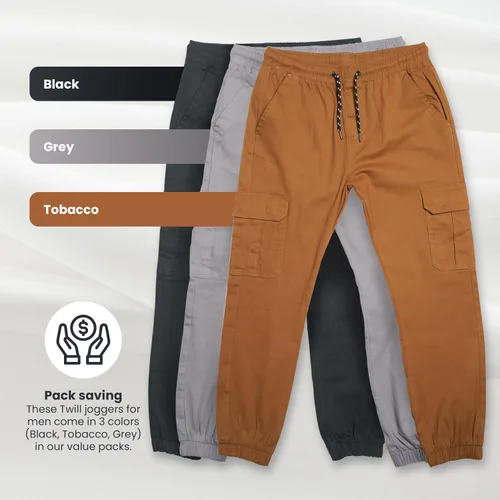 Miniatura 5 de RGSTR Paquete de 3 pantalones cargo para hombre, pantalones deportivos de sarga de ajuste relajado con cintura elástica y tela elástica, uso casual