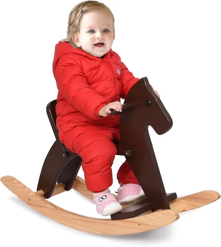 Miniatura 7 de Caballo mecedor de madera para bebé, juguete para niños pequeños, diseño clásico de madera maciza con pedal cómodo y respaldo seguro, regalo ideal