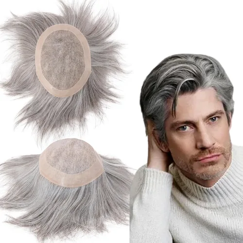 Miniatura 29 de Toupee - Sistema de reemplazo de cabello humano virgen europeo de 7 x 9 pulgadas para hombre, postizo de encaje mono con poliuretano duradero #2