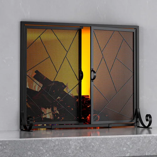 Miniatura 10 de Fire Beauty Pantalla de chimenea con puertas con bisagras Borde de hierro fundido, marco de acero resistente, malla metálica duradera, protector