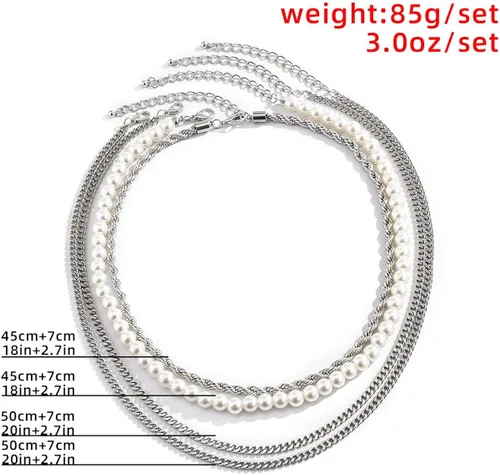 Miniatura 3 de YERTTER Collar gótico de cadena de plata de 4 capas para hombre, cadena de perlas, cadena gruesa, cadena torcida, cadena plana, gargantilla