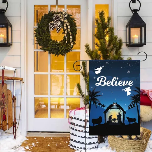 Miniatura 6 de Bandera de Jardín Navideña de 12 x 18 Pulgadas Believe Jesus Decoraciones de Invierno - Bandera de Patio de Vacaciones de Granja Rústica de Noche