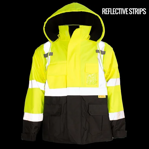Miniatura 7 de NY Hi-Viz Workwear J8511/J8512 Ansi Class 3 - Chaqueta de seguridad de alta visibilidad con cremallera, bolsillo de PVC, parte inferior negra Lima