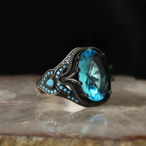 Miniatura 2 de 925 Sterling Silver Aquamarine Stone with Turquoise Stones Men Silver Ring, Handmade Blue Aquamarine Stone Men's Silver Ring, Vintage Men Ring