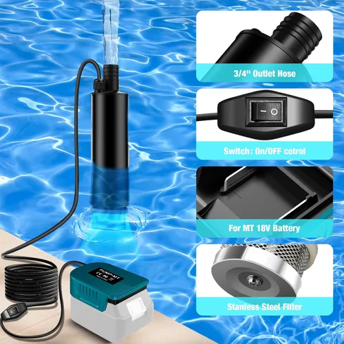 Miniatura 7 de Bomba de agua para Makita Battery 18V LXT, bomba sumergible portátil, pequeña bomba eléctrica inalámbrica de transferencia de agua de 500 GPH
