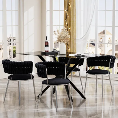 Juego de mesa de comedor de cristal negro de 47 pulgadas para 4, juego de mesa de cocina minimalista moderno y 4 sillas de comedor de terciopelo