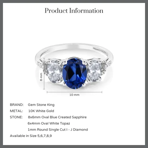 Miniatura 4 de Gem Stone King Anillo de compromiso de 3 piedras de topacio blanco y zafiro de oro blanco de 10 quilates para mujer