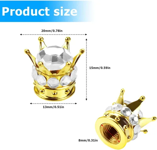 Miniatura 2 de Tapones de vástago de válvula de neumático Crown, 4 piezas de tapas de aire de vástago de automóvil hechas a mano con diamantes de imitación