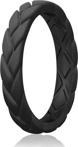 Miniatura 129 de Egnaro Anillos de boda de silicona para ella, conjuntos de novia de goma para mujer, bandas finas, diseño trenzado de hojas apilables con ranuras