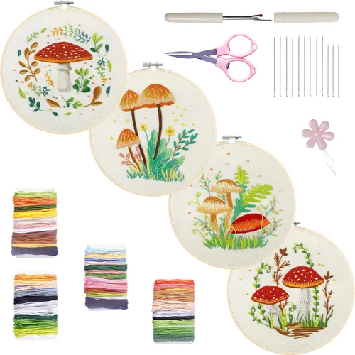 Miniatura 13 de Bonroy 4 juegos de kit de bordado para principiantes de manualidades artísticas de costura fácil incluye ropa de bordado con patrón, aro, manual