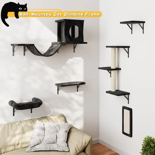 Miniatura 3 de NUNU LAB Estantes de muro para gatos, juego de 6 piezas de lujo montado en la pared, muebles para gatos interiores con 1 casa tipo condominio, 2