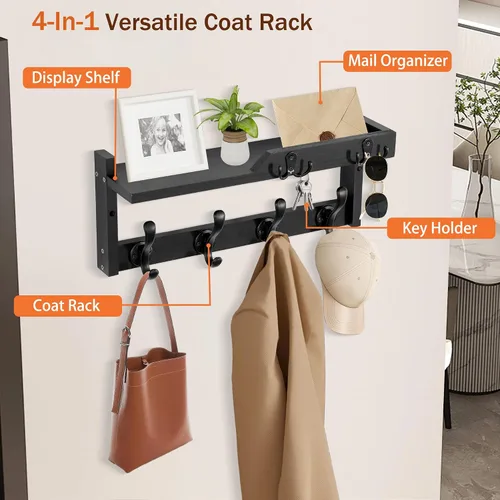 Miniatura 4 de dreampossible Perchero de pared con estante, perchero de pared con ganchos para llaves y soporte para correo, estante flotante de entrada de madera