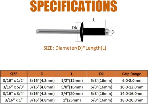 Miniatura 3 de ISPINNER 100 remaches ciegos de aluminio con brida grande de 3/16 x 3/4 pulgadas, remaches de agarre de 0.551-0.630 in (negro)