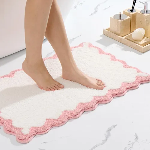 ORTIGIA Pequeña y Linda Alfombra de Baño con Volados, Alfombras de Baño de Microfibra de Lujo en Blanco y Rosa, Antideslizante, Lavable, de Secado