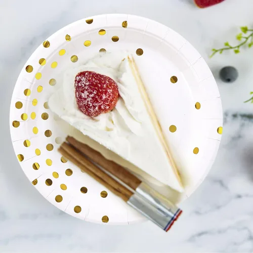 Miniatura 5 de Platos de papel blanco y dorado, 100 unidades, platos de postre de puntos dorados de 7 pulgadas, suministros de fiesta desechables para cumpleaños