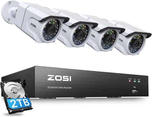 ZOSI Sistema de cámara de seguridad PoE de 8 canales 4K con audio, 4 cámaras PoE para interiores y exteriores de 8 MP, visión nocturna a color,