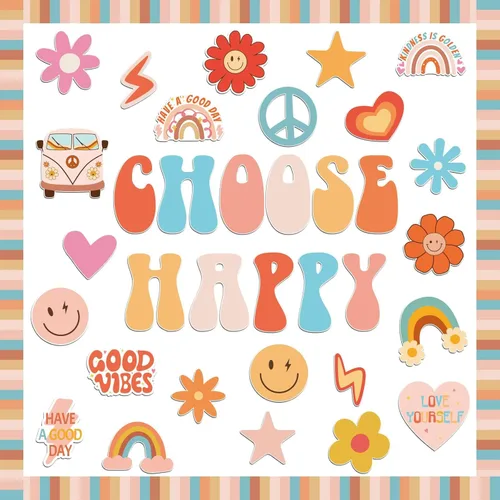 ZOiiWA Groovy - Juego de decoración de tablón de anuncios retro, estilo hippie y bohemio, juego de tablón de anuncios para escuela, autobús escolar,