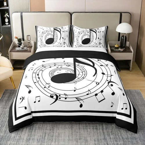 Miniatura 23 de Juego de ropa de cama tamaño King 100% algodón con notas musicales de piano y clave musical, juego de ropa de cama para niños y niñas, diseño retro