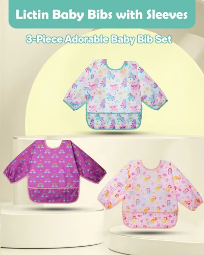 Miniatura 2 de Lictin Paquete de 3 Baberos para Bebé, Babero de Manga Larga Lindo, Baberos Impermeables para Niños Pequeños, Babero Ajustable con Cierre para Bebé