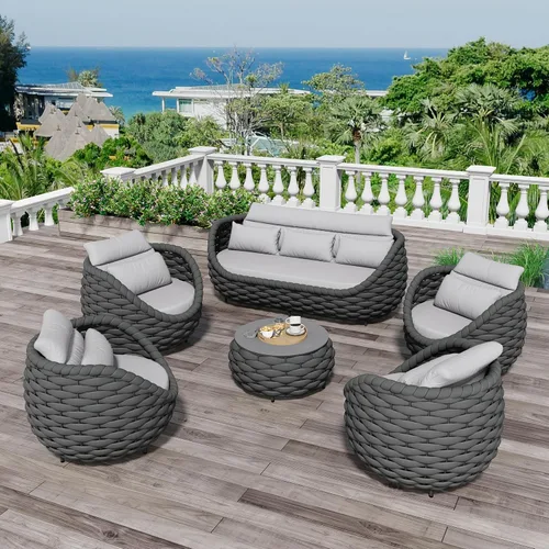 Miniatura 29 de Juego de muebles de patio de 4 piezas ensamblado, conjunto de sofá de conversación para exteriores de cuerda tejida a mano - Sofá de aluminio Cuerda