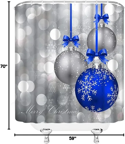 Miniatura 4 de Cortina de ducha de Feliz Navidad, bola de Navidad azul y plateada, brillante, impresa, feliz año nuevo, fiesta, juego de decoración de baño