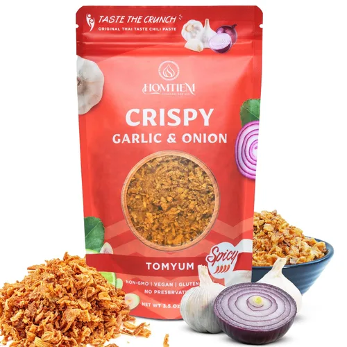 Miniatura 10 de Homtiem Ajo Crujiente y Cebolla: Condimento Versátil de Sichuan 3.5 Oz., 100% Natural, Sin OMG, Vegano y Sin Gluten, Listo para Usar, Apto