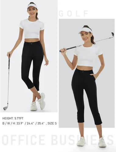 Miniatura 6 de MoFiz Pantalones capri de golf para mujer, elásticos, ajustados, informales, de pierna recta, pantalones de yoga con bolsillos, pantalones de oficina