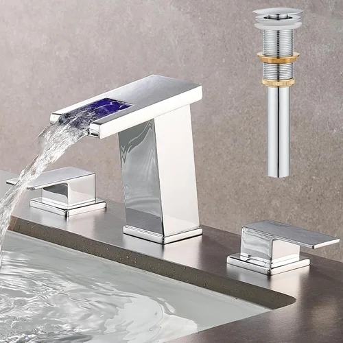 AVSIILE Grifo de Baño LED de 3 Orificios, Grifos de Baño de Cascada Cromados, Grifo de Lavabo de Baño Moderno de 8 Pulgadas de Separación Amplia con