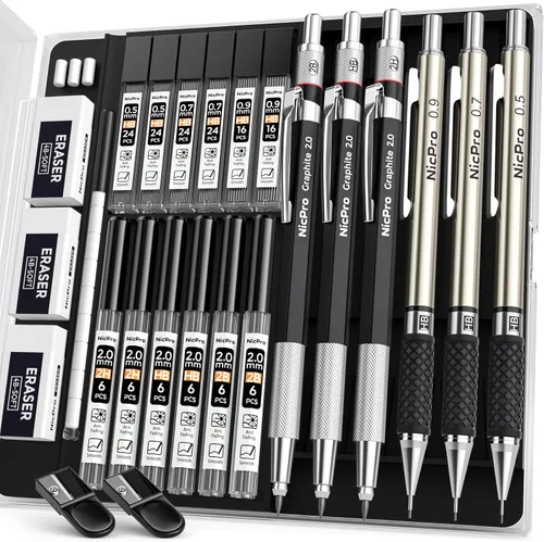 Miniatura 7 de Nicpro - Juego de lápices mecánicos dorados, 3 lápices metálicos de dibujo de 0.01 pulgadas, 0.02 pulgadas y 0.03 pulgadas, y 3 lápices con minas