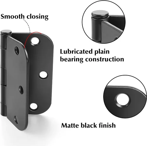 Miniatura 4 de Haidms Paquete de 24 bisagras de puerta color negro mate sin chirridos de 3.5 pulgadas, bisagras de puerta interior redondeadas con pin extraíble