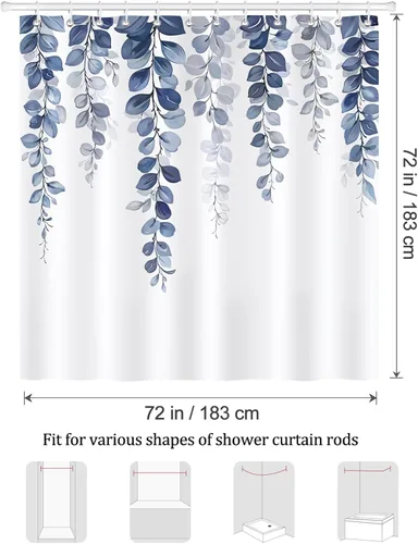 Miniatura 6 de Bonhause Cortina de ducha de eucalipto azul, hojas de acuarela, decoración botánica de baño, 72 x 72 pulgadas, tela de poliéster impermeable con 12