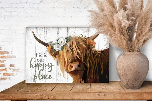 Miniatura 6 de Arte de pared de vaca de las montañas – This Is Our Happy Place - Póster de lienzo inspirador para el hogar, vaca escocesa de pelo largo con imagen