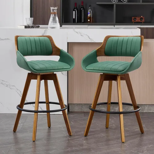 Miniatura 14 de VipDesk Juego de 2 taburetes de bar giratorios, taburetes de bar de altura de mostrador de nogal con respaldo y brazos, sillas de bar tapizadas