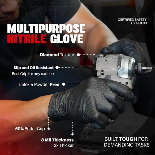 Miniatura 6 de GRIPXX Herkules Grip Guantes de nitrilo resistentes de 8 mil, negros, con textura de diamante 3D elevada - Industriales, sin látex y sin polvo