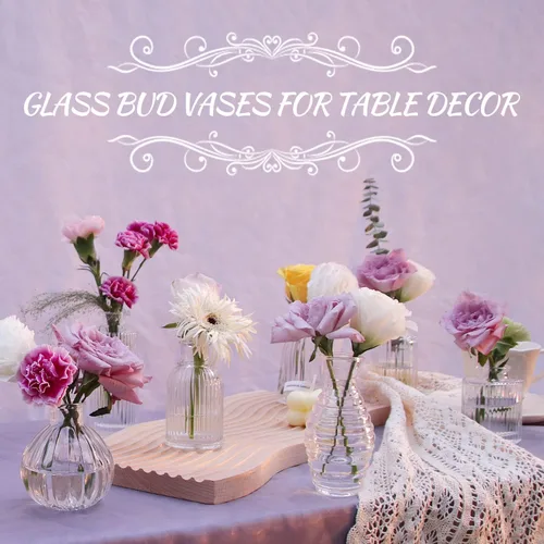 Miniatura 3 de Juego de 12 jarrones de cristal para centros de mesa, pequeños jarrones para flores, florero transparente a rayas, jarrones modernos a granel