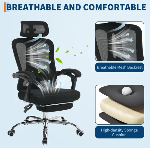 Miniatura 8 de GarveeHome Silla de oficina ergonómica de respaldo alto con respaldo de malla, reposapiés retráctil, reposacabezas ajustable y soporte lumbar, silla